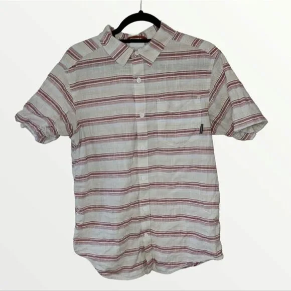 Columbia Button Up Shirt Mens Size M Short Sleeve Beige Red Gray Stripe - Picture 1 of 8